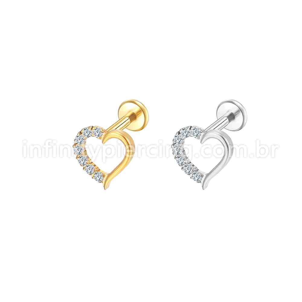 Piercing Labret Aço Cirúrgico Coração Vazada Zircônia